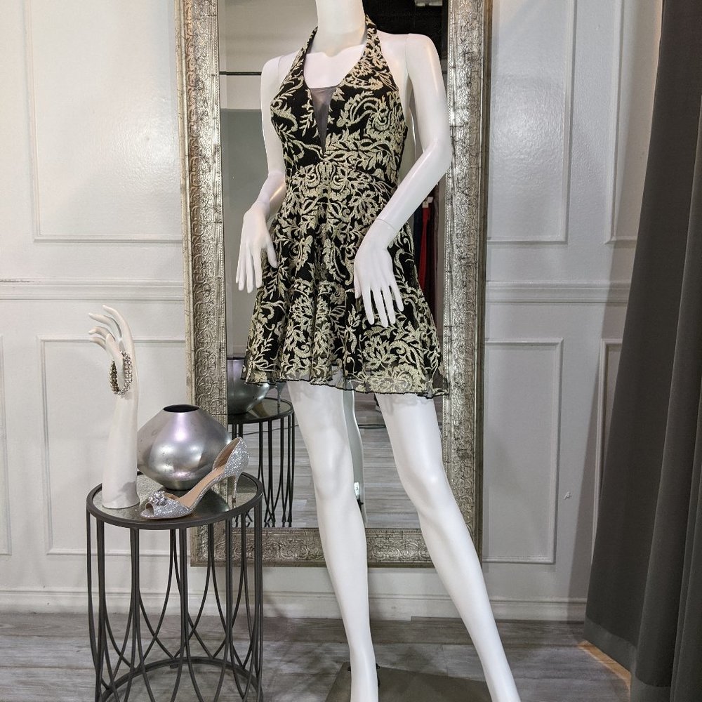 Black and Gold Short Cocktail Homecoming Formal Dress